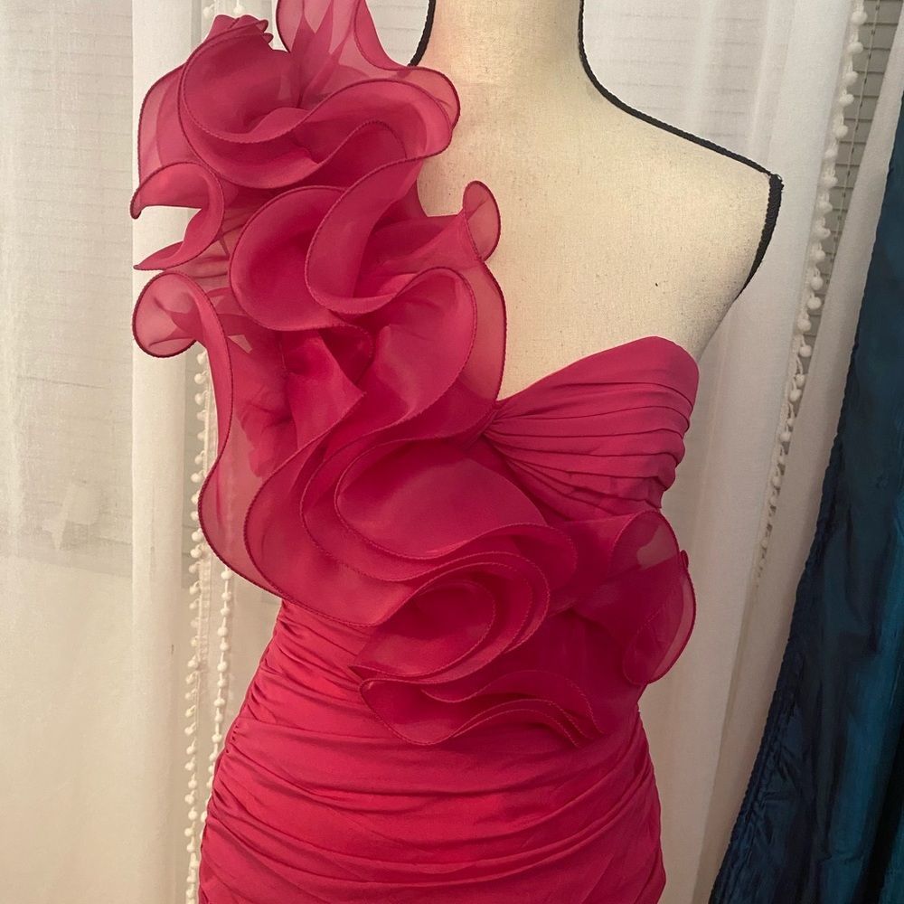 Cinderella Fuchsia One-Shoulder Ruffle Mini Dress - Picture 2 of 11